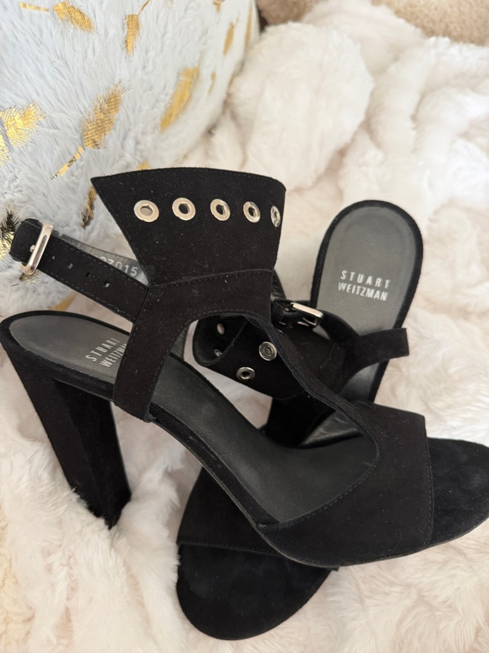 Stuart Weitzman French Cuff Black Suede Eyelet Block Heel Sandals